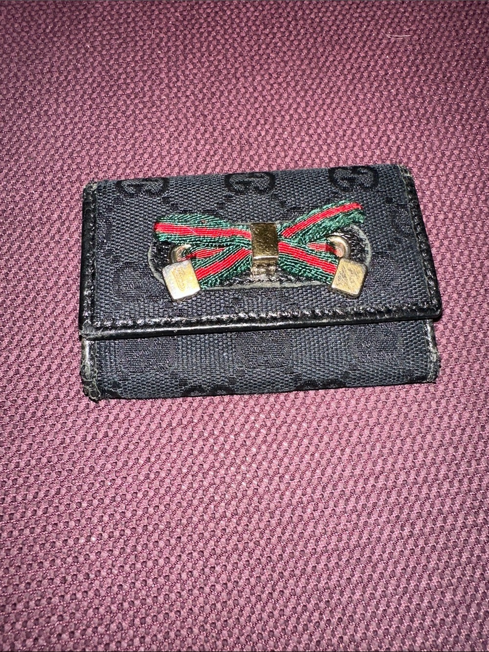 Gucci Black Canvas Monogram Sherry Line Key Holder w/Bow